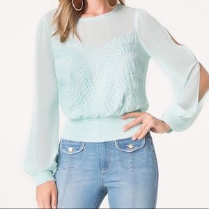 Bebe embroidered smocked mint top